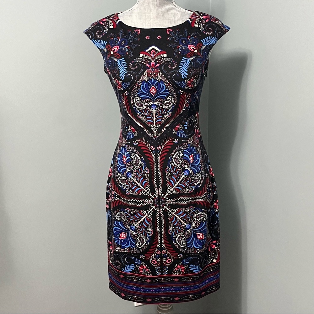 MAGGIE LONDON paisley print sheath midi cocktail dress size 4 wedding guest